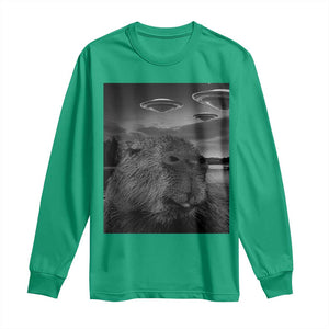 Funny Graphic Capybara Selfie with UFOs Weird Long Sleeve Shirt TS10 Irish Green Print Your Wear