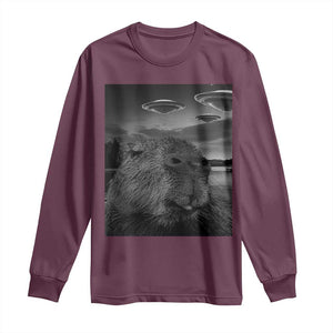 Funny Graphic Capybara Selfie with UFOs Weird Long Sleeve Shirt TS10 Maroon Print Your Wear