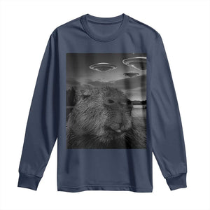 Funny Graphic Capybara Selfie with UFOs Weird Long Sleeve Shirt TS10 Navy Print Your Wear