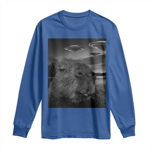 Funny Graphic Capybara Selfie with UFOs Weird Long Sleeve Shirt TS10 Royal Blue Print Your Wear