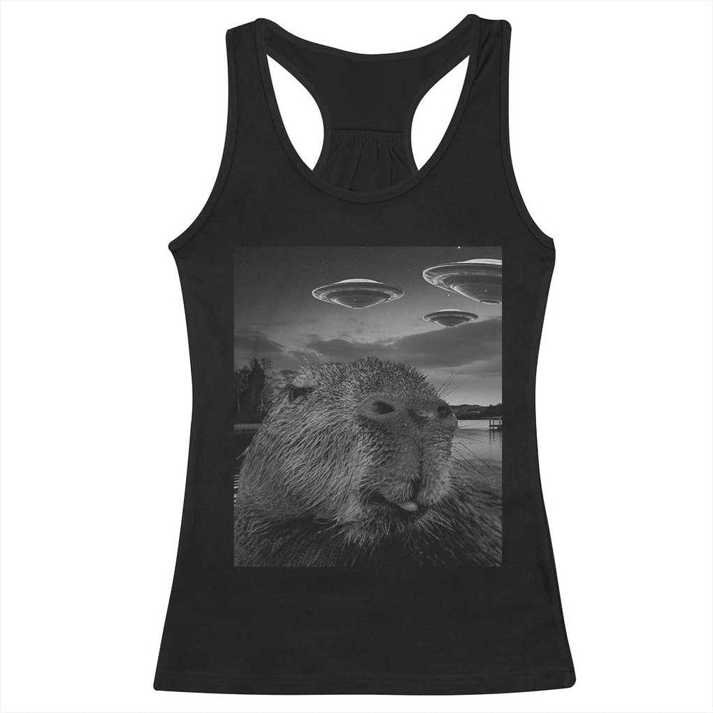 Funny Graphic Capybara Selfie with UFOs Weird Racerback Tank Top TS10 Black Print Your Wear