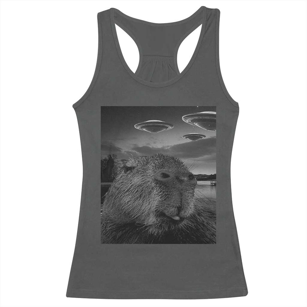 Funny Graphic Capybara Selfie with UFOs Weird Racerback Tank Top TS10 Dark Heather Print Your Wear