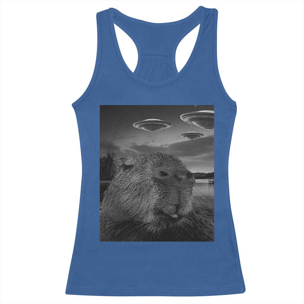 Funny Graphic Capybara Selfie with UFOs Weird Racerback Tank Top TS10 Royal Blue Print Your Wear