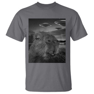 Funny Graphic Capybara Selfie with UFOs Weird T Shirt TS10 Charcoal Print Your Wear