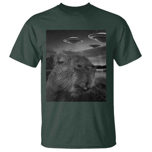 Funny Graphic Capybara Selfie with UFOs Weird T Shirt TS10 Dark Forest Green Print Your Wear