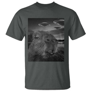 Funny Graphic Capybara Selfie with UFOs Weird T Shirt TS10 Dark Heather Print Your Wear