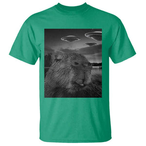 Funny Graphic Capybara Selfie with UFOs Weird T Shirt TS10 Irish Green Print Your Wear