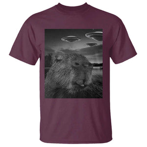 Funny Graphic Capybara Selfie with UFOs Weird T Shirt TS10 Maroon Print Your Wear