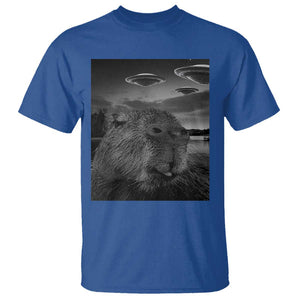 Funny Graphic Capybara Selfie with UFOs Weird T Shirt TS10 Royal Blue Print Your Wear