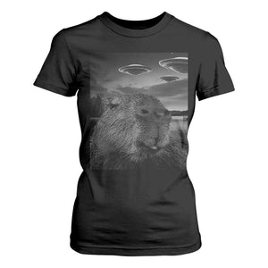 Funny Graphic Capybara Selfie with UFOs Weird T Shirt For Women TS10 Black Print Your Wear