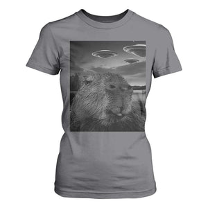 Funny Graphic Capybara Selfie with UFOs Weird T Shirt For Women TS10 Charcoal Print Your Wear