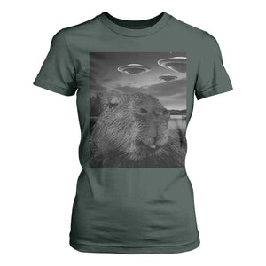 Funny Graphic Capybara Selfie with UFOs Weird T Shirt For Women TS10 Dark Forest Green Print Your Wear