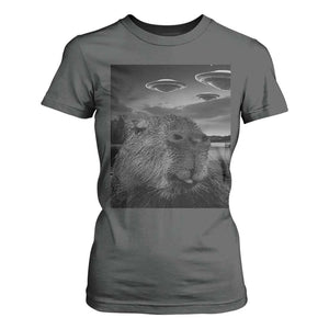 Funny Graphic Capybara Selfie with UFOs Weird T Shirt For Women TS10 Dark Heather Print Your Wear