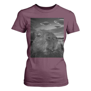 Funny Graphic Capybara Selfie with UFOs Weird T Shirt For Women TS10 Maroon Print Your Wear