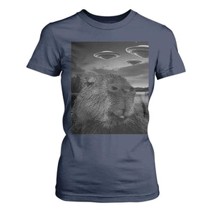 Funny Graphic Capybara Selfie with UFOs Weird T Shirt For Women TS10 Navy Print Your Wear