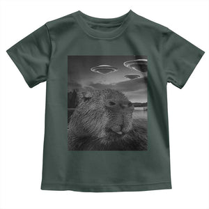 Funny Graphic Capybara Selfie with UFOs Weird Toddler T Shirt TS10 Dark Forest Green Print Your Wear