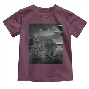 Funny Graphic Capybara Selfie with UFOs Weird Toddler T Shirt TS10 Maroon Print Your Wear