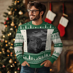 Funny Graphic Capybara Selfie with UFOs Weird Ugly Christmas Sweater TS10 Green Print Your Wear