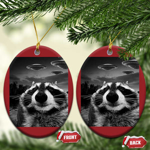 Funny Graphic Racoon Selfie with UFOs Weird Christmas Ornament TS10 Oval Red Print Your Wear