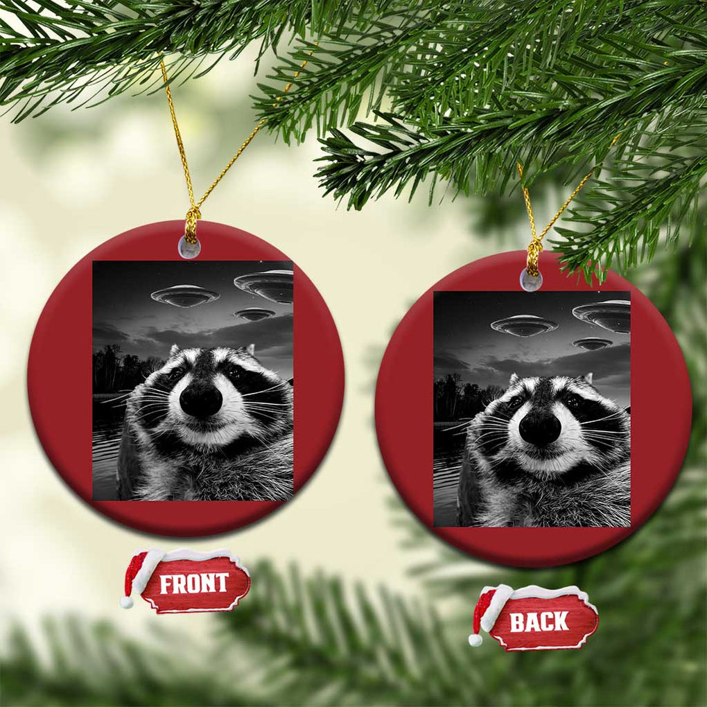 Funny Graphic Racoon Selfie with UFOs Weird Christmas Ornament TS10 Circle Red Print Your Wear