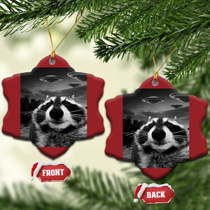 Funny Graphic Racoon Selfie with UFOs Weird Christmas Ornament TS10 Snow Flake Red Print Your Wear