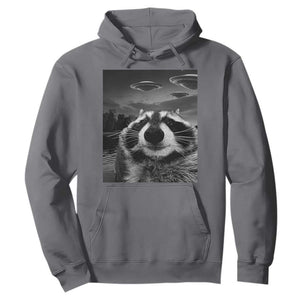 Funny Graphic Racoon Selfie with UFOs Weird Hoodie TS10 Charcoal Print Your Wear