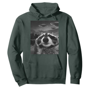 Funny Graphic Racoon Selfie with UFOs Weird Hoodie TS10 Dark Forest Green Print Your Wear