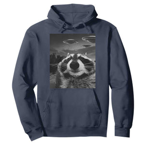 Funny Graphic Racoon Selfie with UFOs Weird Hoodie TS10 Navy Print Your Wear