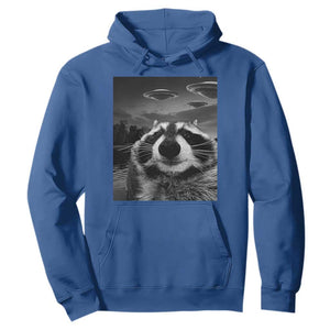 Funny Graphic Racoon Selfie with UFOs Weird Hoodie TS10 Royal Blue Print Your Wear