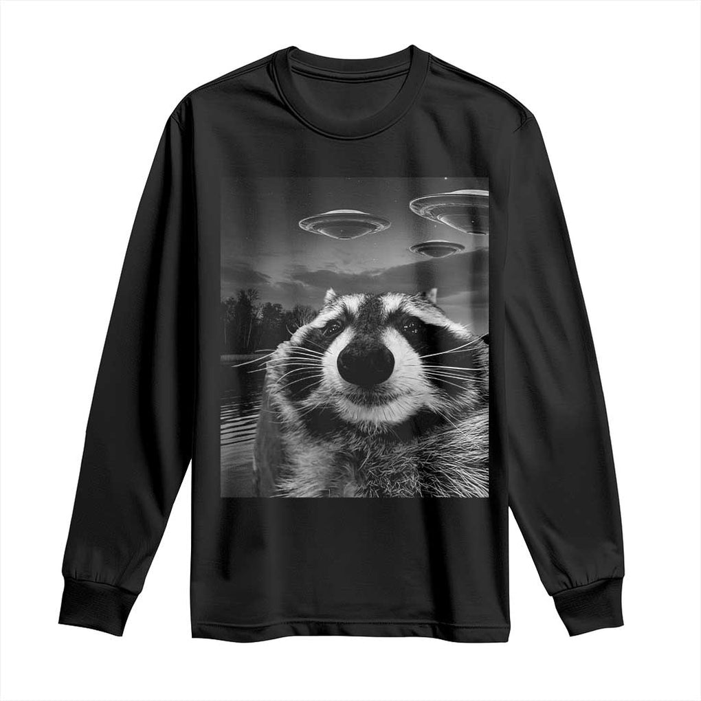 Funny Graphic Racoon Selfie with UFOs Weird Long Sleeve Shirt TS10 Black Print Your Wear