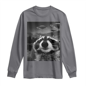 Funny Graphic Racoon Selfie with UFOs Weird Long Sleeve Shirt TS10 Charcoal Print Your Wear