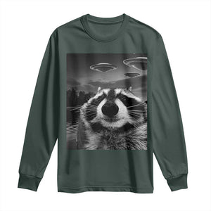 Funny Graphic Racoon Selfie with UFOs Weird Long Sleeve Shirt TS10 Dark Forest Green Print Your Wear