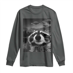 Funny Graphic Racoon Selfie with UFOs Weird Long Sleeve Shirt TS10 Dark Heather Print Your Wear