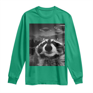 Funny Graphic Racoon Selfie with UFOs Weird Long Sleeve Shirt TS10 Irish Green Print Your Wear