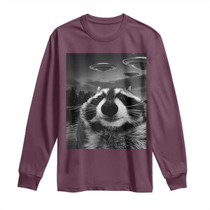 Funny Graphic Racoon Selfie with UFOs Weird Long Sleeve Shirt TS10 Maroon Print Your Wear