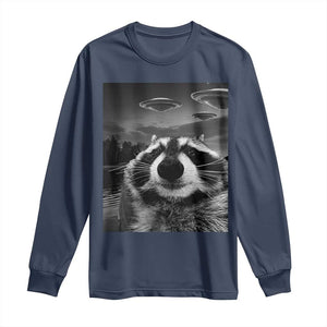 Funny Graphic Racoon Selfie with UFOs Weird Long Sleeve Shirt TS10 Navy Print Your Wear