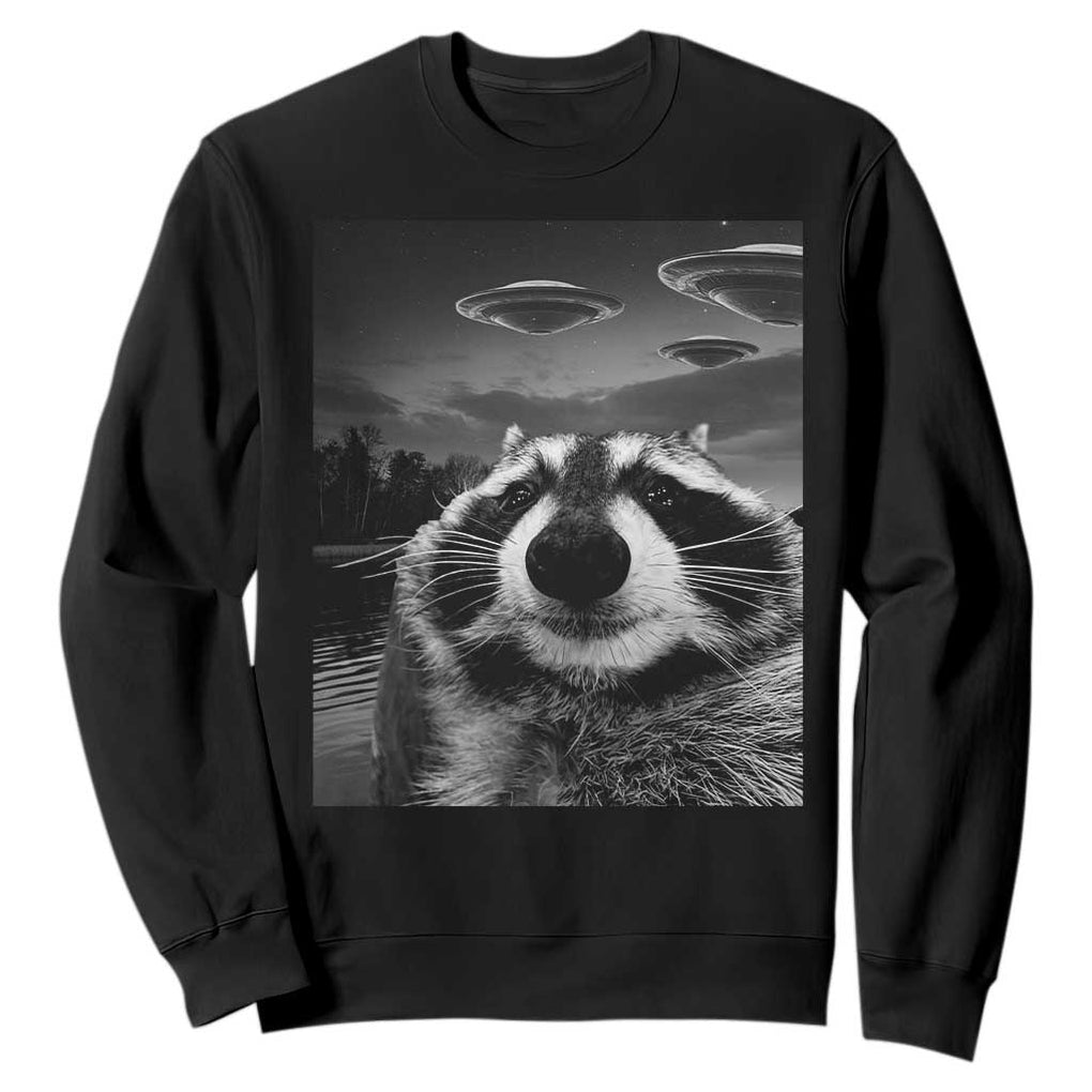 Funny Graphic Racoon Selfie with UFOs Weird Sweatshirt TS10 Black Print Your Wear