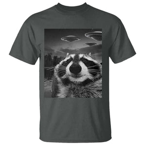 Funny Graphic Racoon Selfie with UFOs Weird T Shirt TS10 Dark Heather Print Your Wear