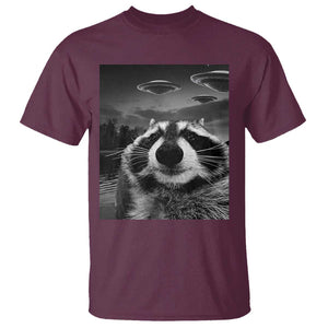 Funny Graphic Racoon Selfie with UFOs Weird T Shirt TS10 Maroon Print Your Wear