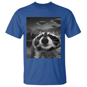 Funny Graphic Racoon Selfie with UFOs Weird T Shirt TS10 Royal Blue Print Your Wear