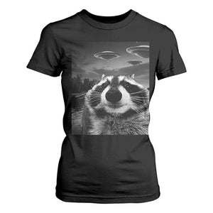 Funny Graphic Racoon Selfie with UFOs Weird T Shirt For Women TS10 Black Print Your Wear