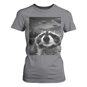 Funny Graphic Racoon Selfie with UFOs Weird T Shirt For Women TS10 Charcoal Print Your Wear