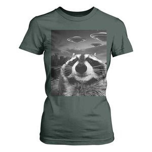 Funny Graphic Racoon Selfie with UFOs Weird T Shirt For Women TS10 Dark Forest Green Print Your Wear