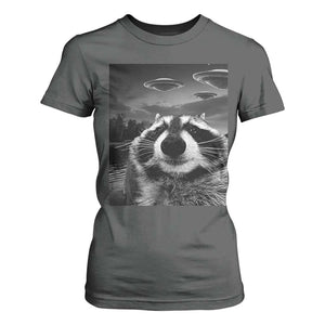 Funny Graphic Racoon Selfie with UFOs Weird T Shirt For Women TS10 Dark Heather Print Your Wear