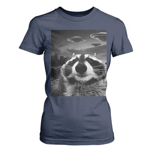 Funny Graphic Racoon Selfie with UFOs Weird T Shirt For Women TS10 Navy Print Your Wear