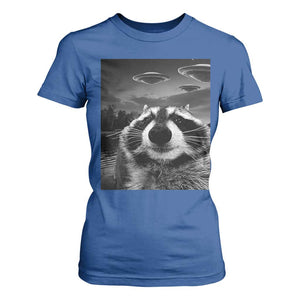 Funny Graphic Racoon Selfie with UFOs Weird T Shirt For Women TS10 Royal Blue Print Your Wear