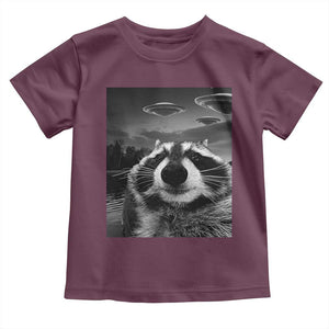 Funny Graphic Racoon Selfie with UFOs Weird Toddler T Shirt TS10 Maroon Print Your Wear