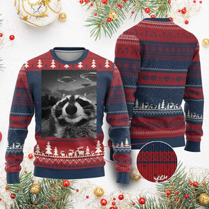 Funny Graphic Racoon Selfie with UFOs Weird Ugly Christmas Sweater TS10 Burgundy Print Your Wear