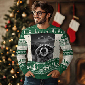 Funny Graphic Racoon Selfie with UFOs Weird Ugly Christmas Sweater TS10 Green Print Your Wear