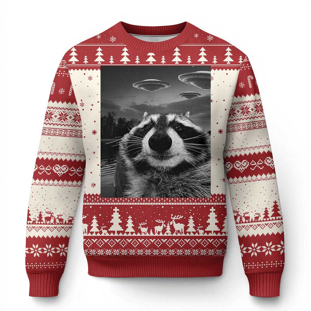 Funny Graphic Racoon Selfie with UFOs Weird Ugly Christmas Sweater TS10 Red Print Your Wear